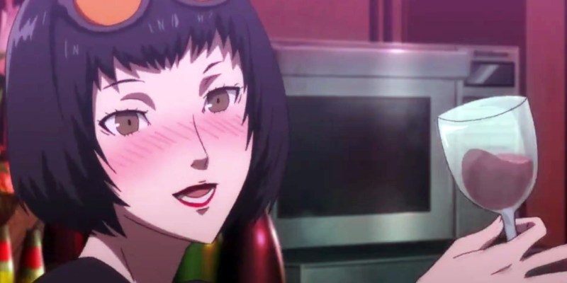 An image showing Ichiko Ohya in Persona 5 as part of an article on how, although she's often considered the worst confidant, she deserves more love. The image shows her holding a wine glass at the Crossroads bar. She has short black hair and sunglasses on her head.