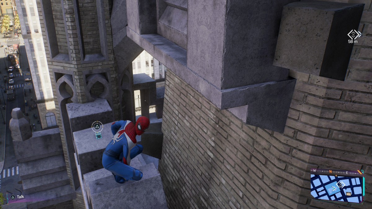 An image showing Spider-Man on the side of a church. In view is the science trophy necessary to get the "Just Let Go" trophy in Marvel's Spider-Man 2.