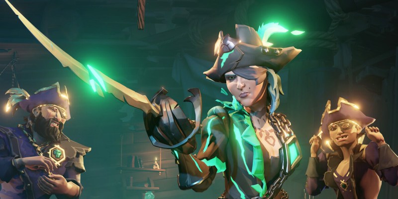 Three Sea of Thieves pirates, one with her cutlass out. This image is part of an article discussing whether Sea of Thieves is crossplay or cross-platform.