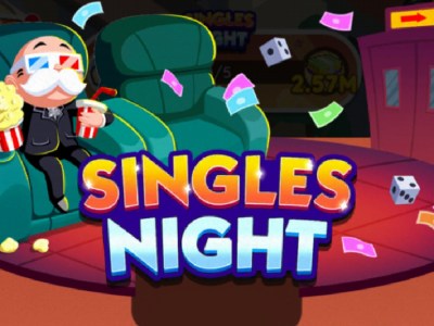 A header image for the Singles Night event in Monopoly GO showing Rich Uncle Pennybags sitting in a recliner and watching a movie. He has 3d glasses on and is holding popcorn.