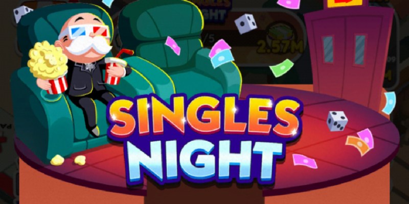 A header image for the Singles Night event in Monopoly GO showing Rich Uncle Pennybags sitting in a recliner and watching a movie. He has 3d glasses on and is holding popcorn.