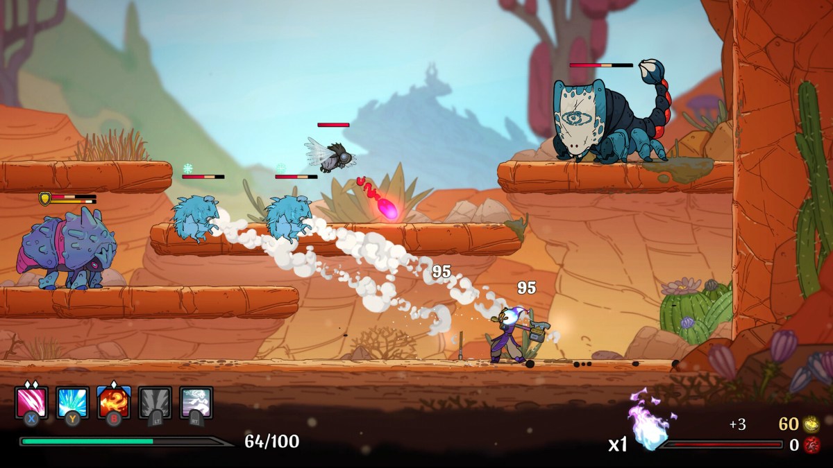 Spiritfall is Hades meets Smash Bros, and you have to play it. This image shows the character fighting off more monsters. 