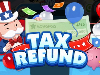 A header for the Tax Refund event showing Rich Uncle Pennybags dressed up as Uncle Sam and holding a giant check.