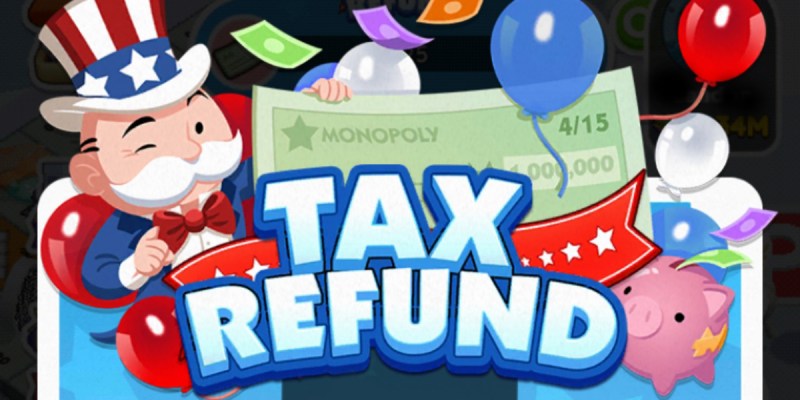 A header for the Tax Refund event showing Rich Uncle Pennybags dressed up as Uncle Sam and holding a giant check.