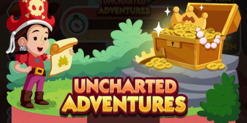 A header-sized image for the Uncharted Adventures event in Monopoly GO showing a woman reading a map on the right-side of the image while there's a treasure chest on the right-side.