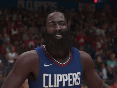 2K24 James Harden Smiling. This image is part of an article about how to request a trade in NBA 2K24 MyCAREER.