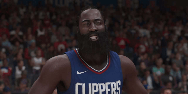 2K24 James Harden Smiling. This image is part of an article about how to request a trade in NBA 2K24 MyCAREER.