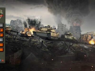 An image from Arms Trade Tycoon: Tanks where several tanks are in pitched battle with a menu screen to the left side