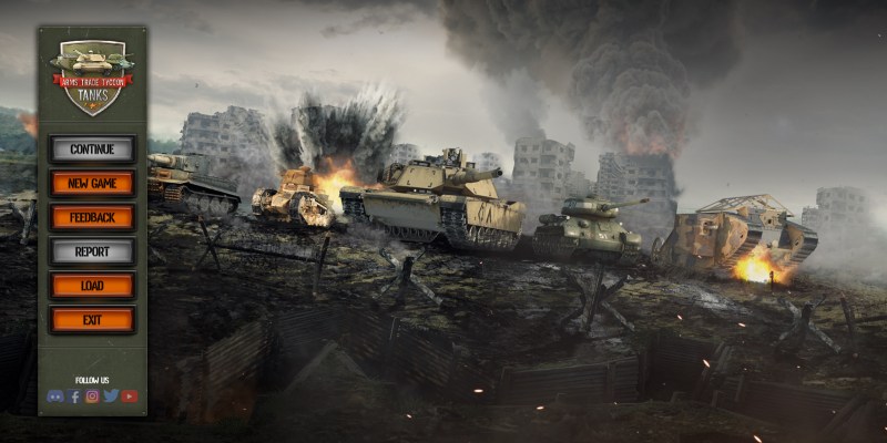 An image from Arms Trade Tycoon: Tanks where several tanks are in pitched battle with a menu screen to the left side