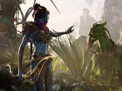 Image of blue-skinned woman with a bow reaching her hand out to a flying creature in a forest in Avatar: Frontiers of Pandora.