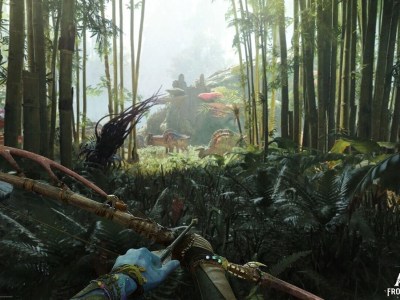 Image of a bowman creeping up on animals inside a jungle in Avatar: Frontiers of Pandora.