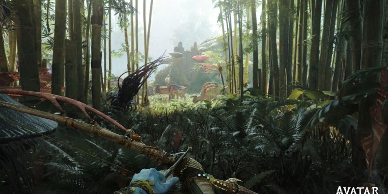 Image of a bowman creeping up on animals inside a jungle in Avatar: Frontiers of Pandora.