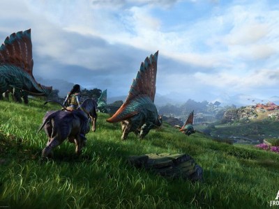 Image of blue-skinned woman riding on a horse-like creature in an grassy plain in Avatar: Frontiers of Pandora.