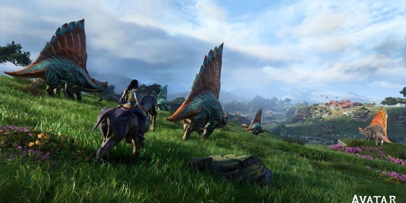 Image of blue-skinned woman riding on a horse-like creature in an grassy plain in Avatar: Frontiers of Pandora.