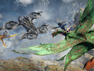 Image of Na'vi characters riding Ikrans shooting arrows at an RDA vehicle in Avatar: Frontiers of Pandora.