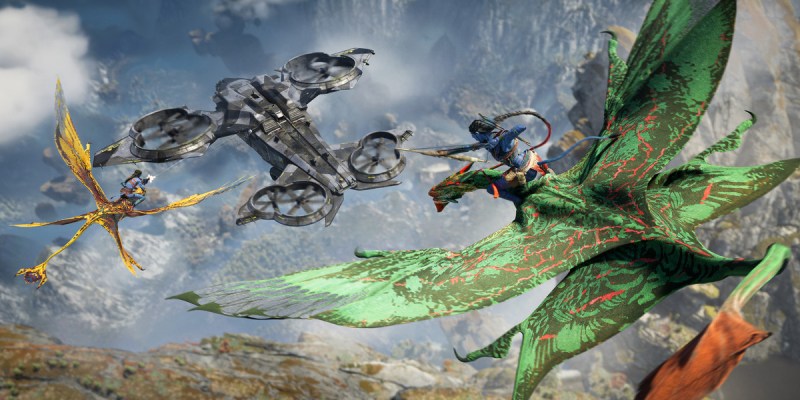 Image of Na'vi characters riding Ikrans shooting arrows at an RDA vehicle in Avatar: Frontiers of Pandora.