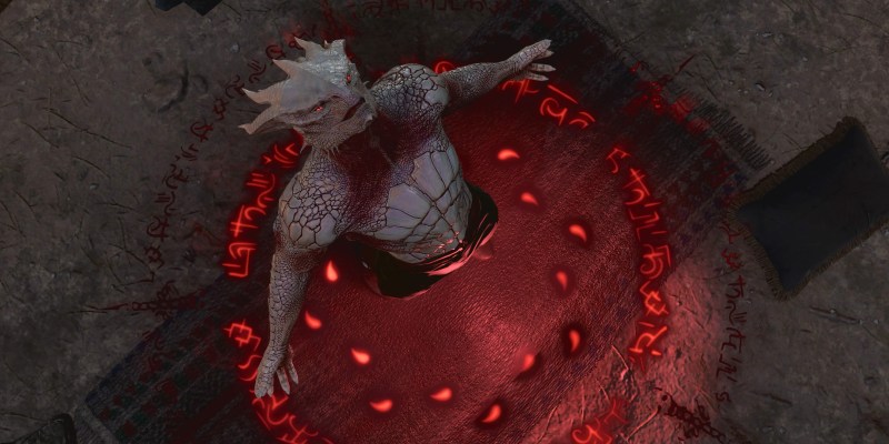 Baldur's Gate 3, a dragonborn standing in front of a red ritual circle.