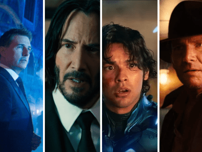 Ethan Hunt, John Wick, Blue Beetle, and Indiana Jones in a cropped image. This image is part of an article about the best action movies of 2023.