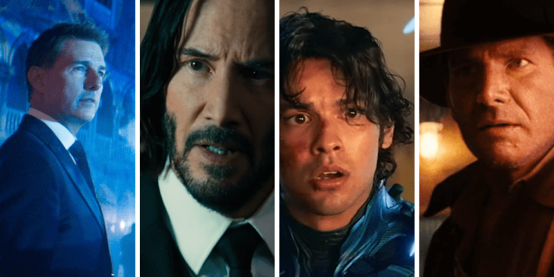 Ethan Hunt, John Wick, Blue Beetle, and Indiana Jones in a cropped image. This image is part of an article about the best action movies of 2023.