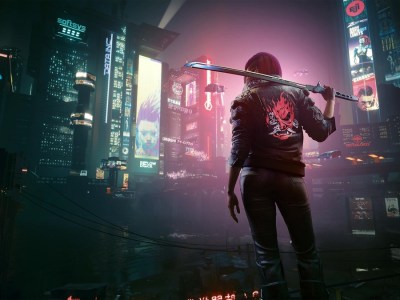 Image of female with a katana in a fiery skull biker jacket overlooking a night city in Cyberpunk 2077.