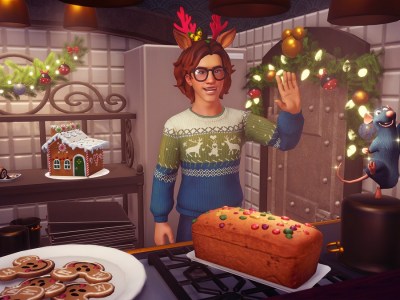 Image of a character in a sweater cooking in a kitchen in Disney Dreamlight Valley.