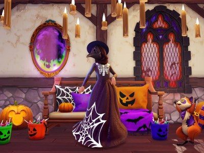 Image of woman wearing a plague doctor costume inside a Halloween-themed house in Disney Dreamlight Valley.