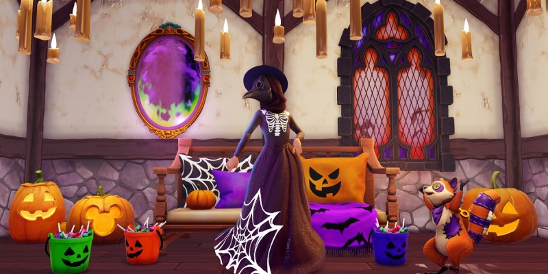 Image of woman wearing a plague doctor costume inside a Halloween-themed house in Disney Dreamlight Valley.