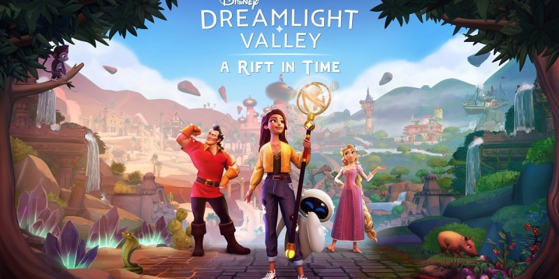 Image of female character holding a magical staff and surrounded by Disney characters in Disney Dreamlight Valley A Rift in Time DLC artwork.