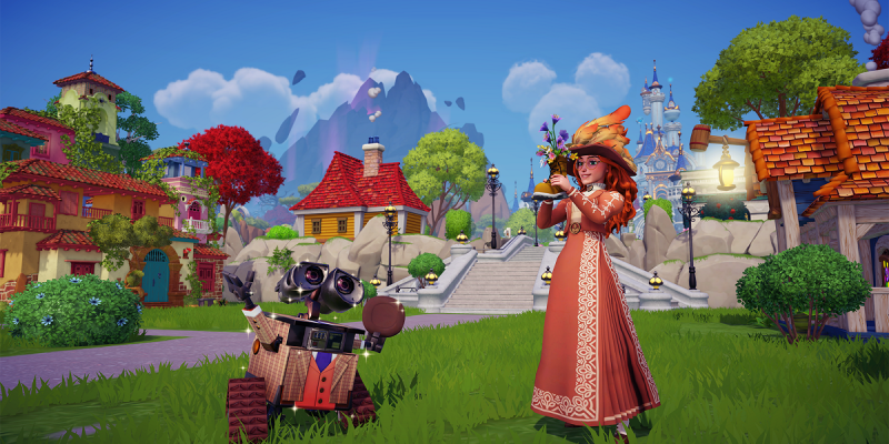 Image of WALL-E and female character with wizard clothing standing together in a village in Disney Dreamlight Valley.