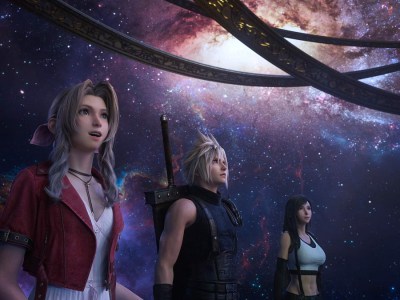 Image of Aerith, Cloud, and Tifa standing inside an astronomy room with stars and galaxies in Final Fantasy VII Rebirth.