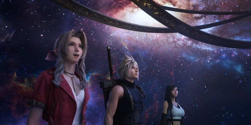 Image of Aerith, Cloud, and Tifa standing inside an astronomy room with stars and galaxies in Final Fantasy VII Rebirth.