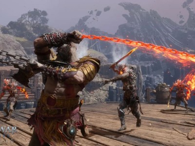 Image of bald man in warrior gear swinging a fiery chain weapon to attack a zombie creature in God of War Ragnarok Valhalla DLC.