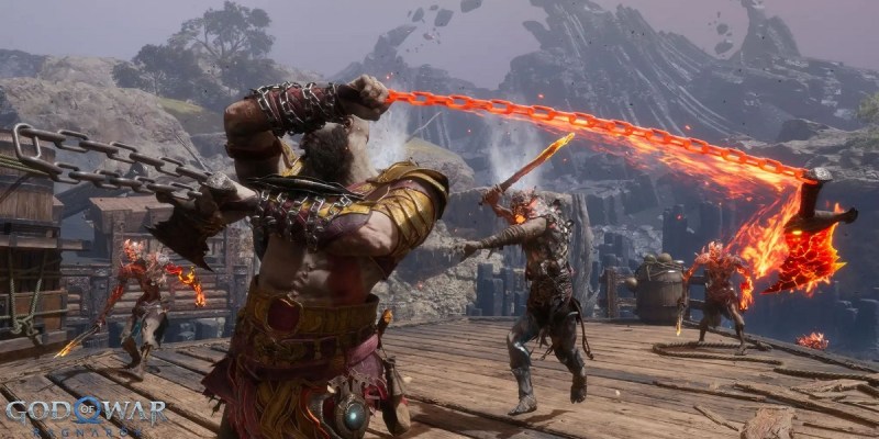 Image of bald man in warrior gear swinging a fiery chain weapon to attack a zombie creature in God of War Ragnarok Valhalla DLC.