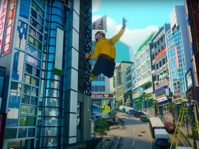 The main character of Jet Set Radio hanging in the air against an urban backdrop.