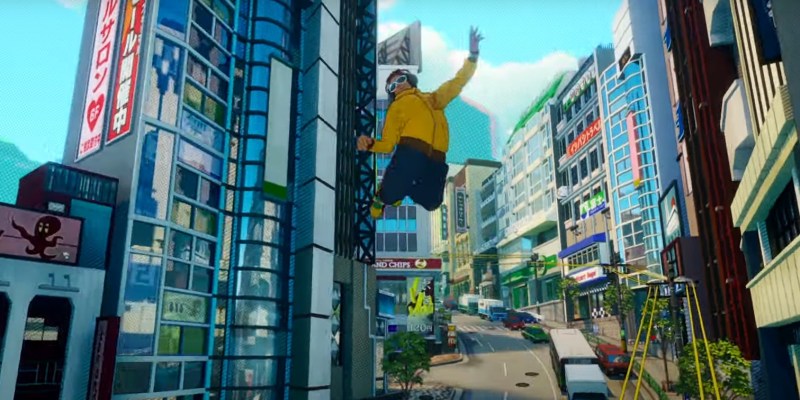 The main character of Jet Set Radio hanging in the air against an urban backdrop.