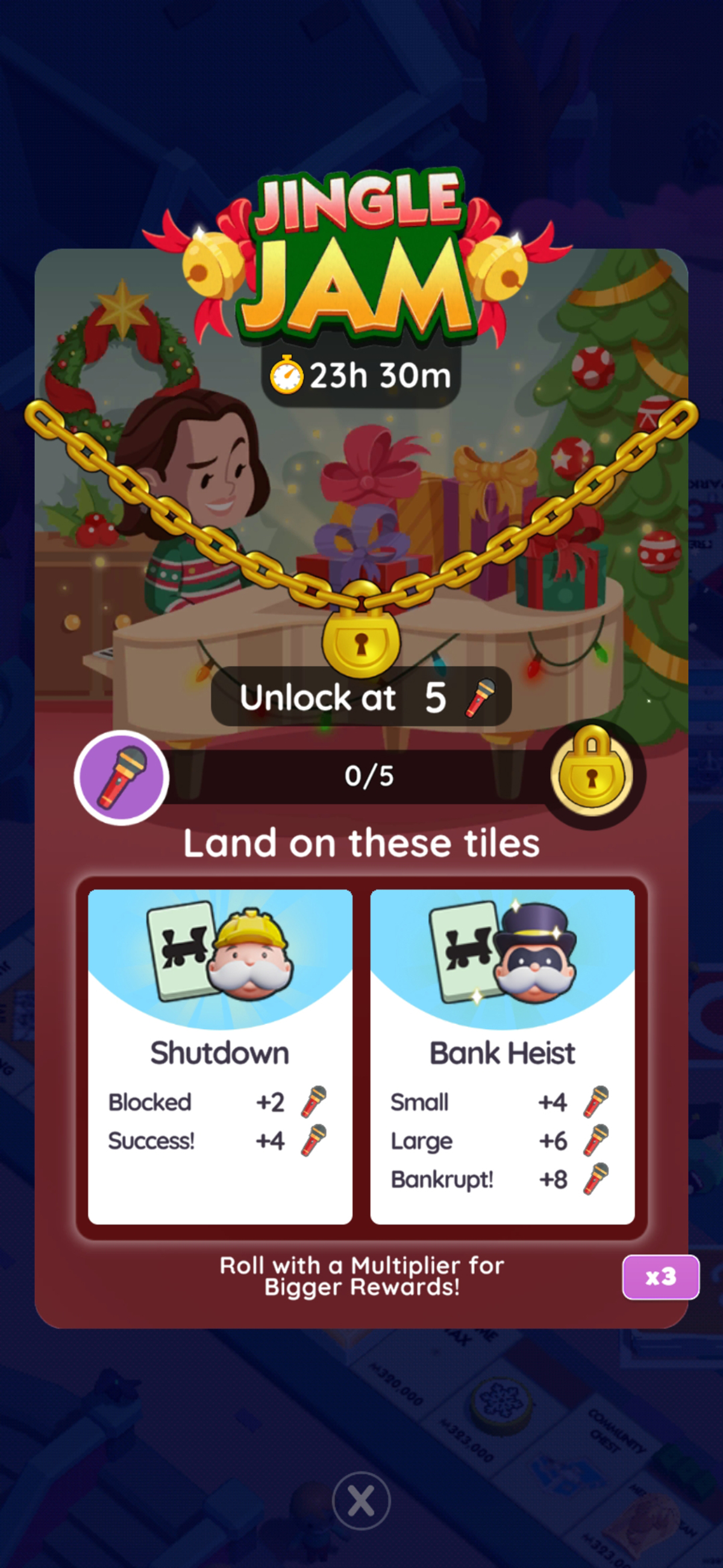 A header for the Jingle Jam event in Monopoly GO showing the logo for the event and a woman looking at presents on a piano. The image is part of an article on all the rewards, milestones, and prizes you can get for the Jingle Jam tournament in Monopoly GO.