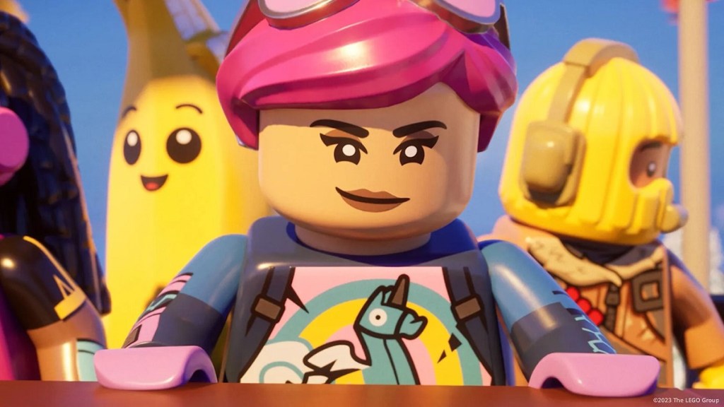 Image of LEGO woman with pink hair and googles smirking in LEGO Fortnite.