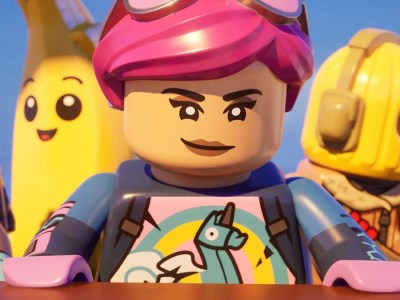 Image of LEGO woman with pink hair and googles smirking in LEGO Fortnite.