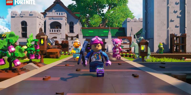 Characters running in LEGO Fortnite.