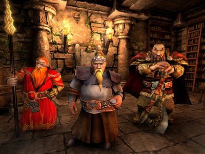 A still from Might & Magic X: Legacy featuring three fantasy characters standing against a fire-lit wall.