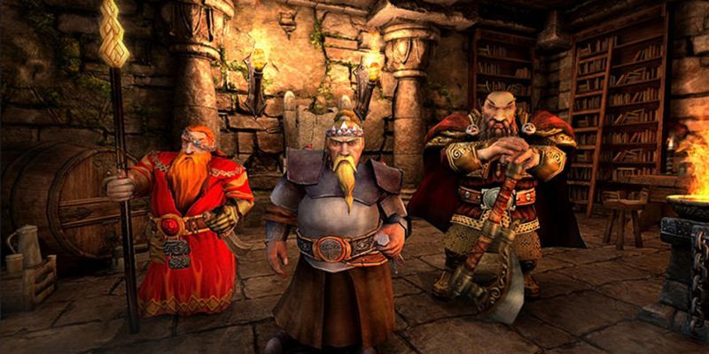 A still from Might & Magic X: Legacy featuring three fantasy characters standing against a fire-lit wall.