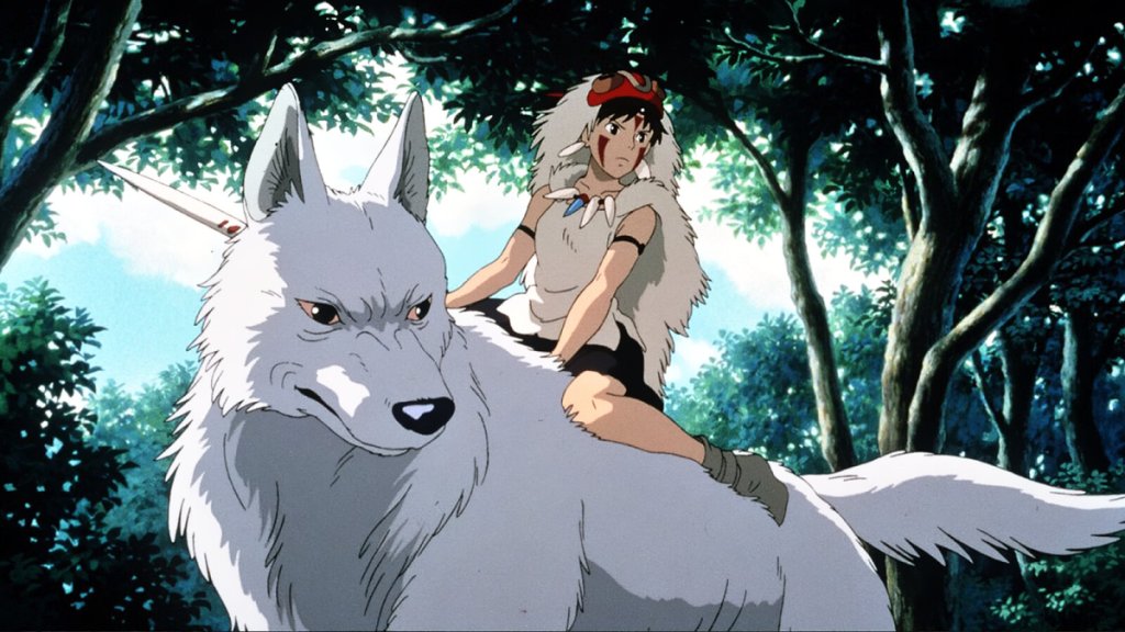 Princess Mononoke on a wolf.