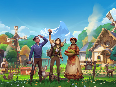 Image of three villagers in comfortable attire standing near houses and windmills in a grassy town in Palia artwork.