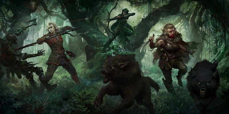 Image of female with spear in leather armor fighting off monsters in thick woods in Path of Exile 2 artwork.