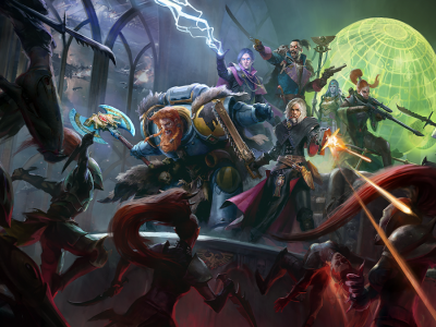 Image of armored men and women with guns and strange powers fighting off a mob of feral monsters inside a dark room in Warhammer 40k: Rogue Trader artwork.