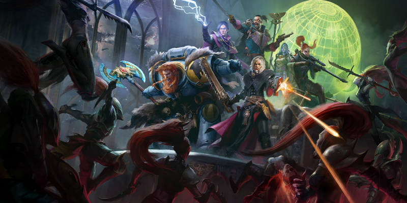 Image of armored men and women with guns and strange powers fighting off a mob of feral monsters inside a dark room in Warhammer 40k: Rogue Trader artwork.