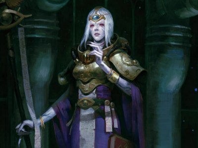 White-haired woman with red eyes standing in a dark room with pillars in Warhammer 40K: Rogue Trader artwork.