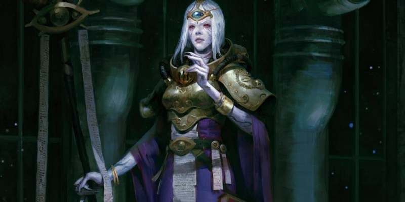 White-haired woman with red eyes standing in a dark room with pillars in Warhammer 40K: Rogue Trader artwork.