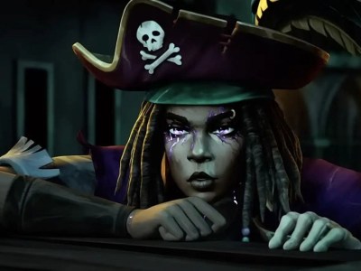 Image of woman with pulsing purple eyes wearing a pirate hat at night in Shadow Gambit: The Cursed Crew.