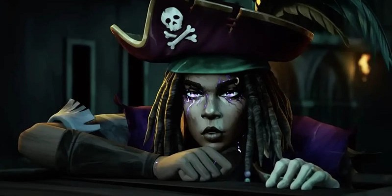 Image of woman with pulsing purple eyes wearing a pirate hat at night in Shadow Gambit: The Cursed Crew.